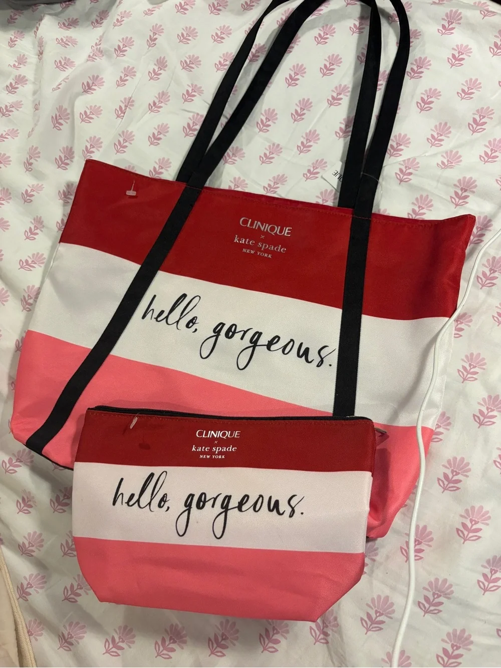 kate spade Clinique Hello Gorgeous Striped Tote & Pouch - Pink, White, Red